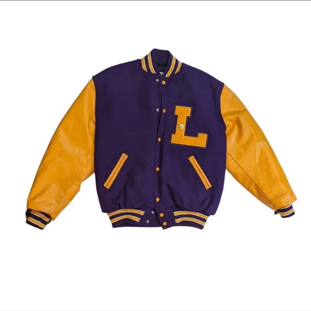 Vintage 80s/90s Purple, Yellow Wool & Leather Letterman Jacket with Pin - Size L
